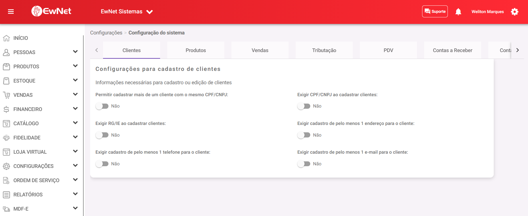 Painel de Configurações Fiscais e do Sistema