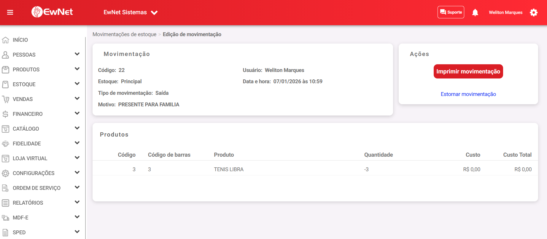Painel de Controle e Movimentação de Estoque